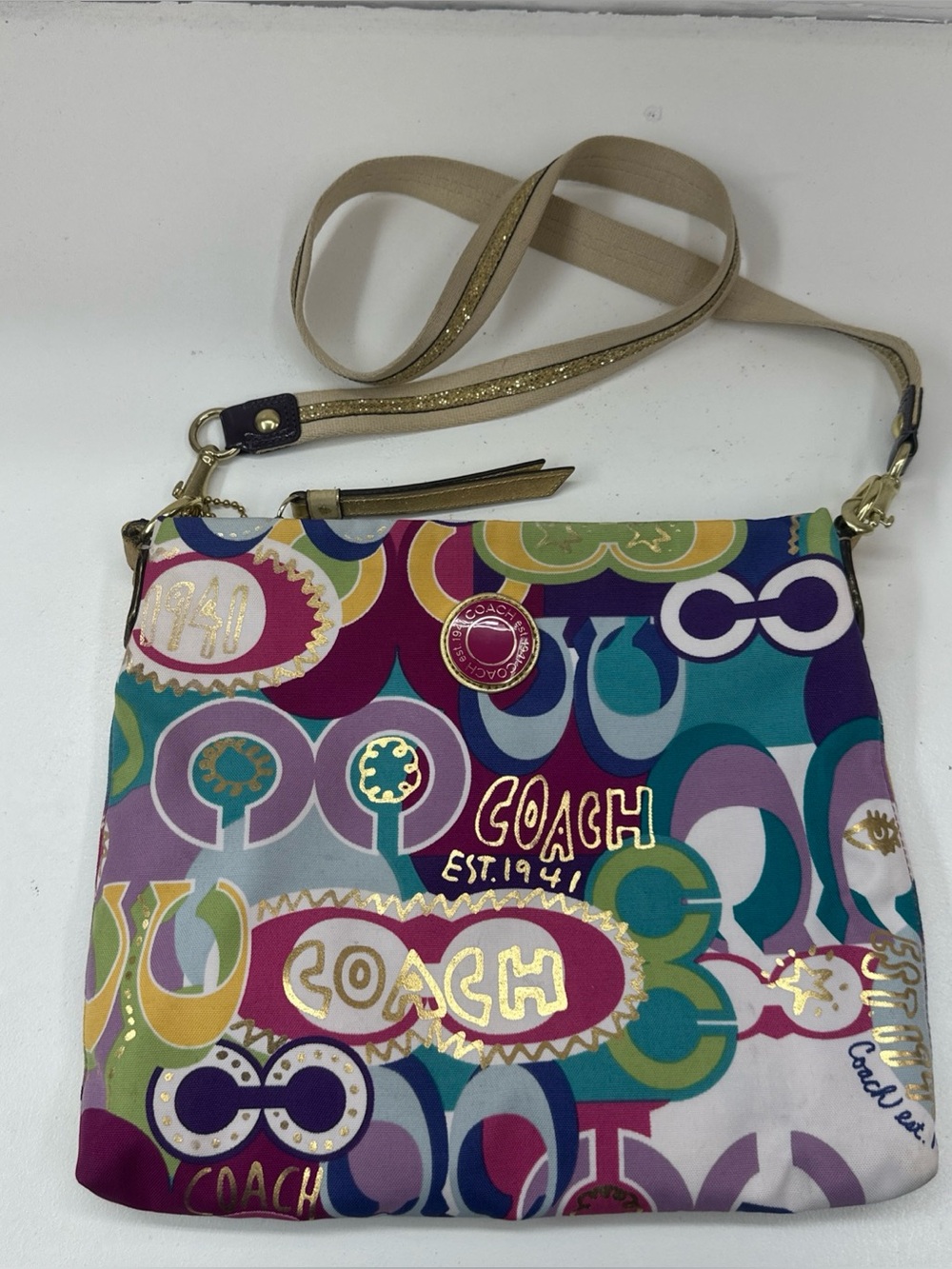 Coach F19454 Signature Stripe Pop C Print Multicolor/Gold Canvas Shoulder Bag